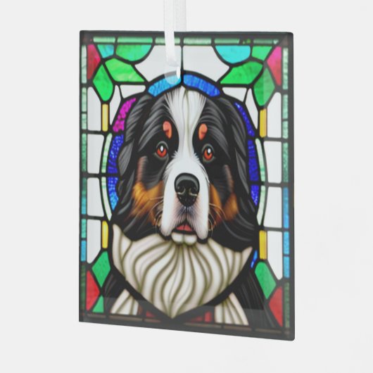 Berner Berghond "Glas in lood" Glas Ornament (Voorkant links)