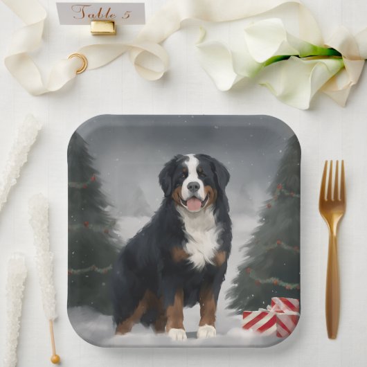 Berner Berghond in Sneeuw Kerstmis Papieren Bordje (Huwelijk)
