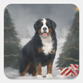 Berner Berghond in Sneeuw Kerstmis Vierkante Sticker (Voorkant)