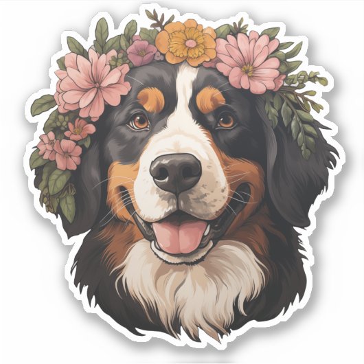 Berner Berghond met Bloemen Sticker (Voorkant)