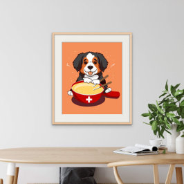Berner Mountain Dog Eating Fondue Poster