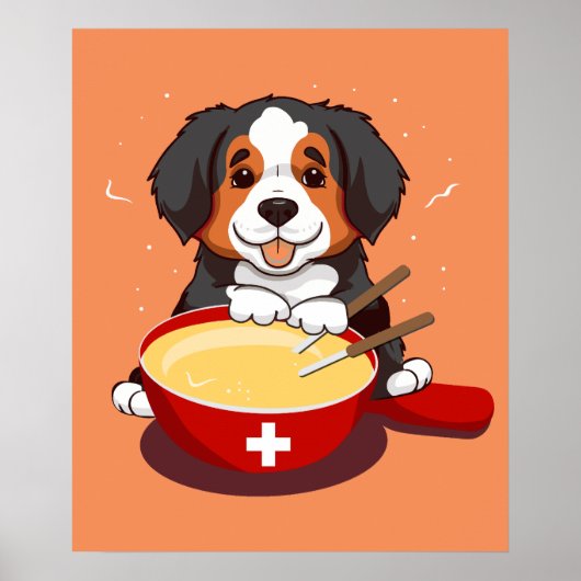 Berner Mountain Dog Eating Fondue Poster (Voorkant)