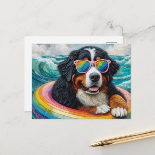 Berner Mountain Dog op een regenboog Kleur Float Briefkaart (Voorkant / Achterkant in situ)