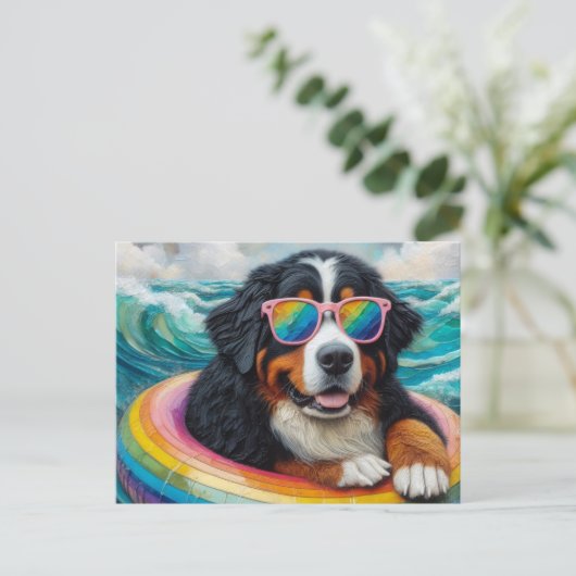 Berner Mountain Dog op een regenboog Kleur Float Briefkaart (Staand voorkant)
