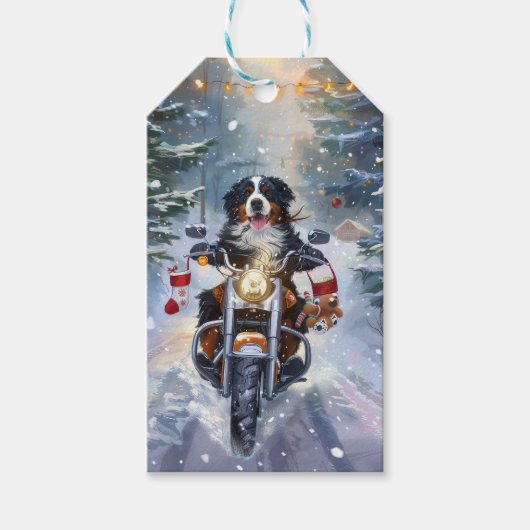 Berner Mountain Dog Riding Motorfiets Kerstmis Cadeaulabel (Voorkant)
