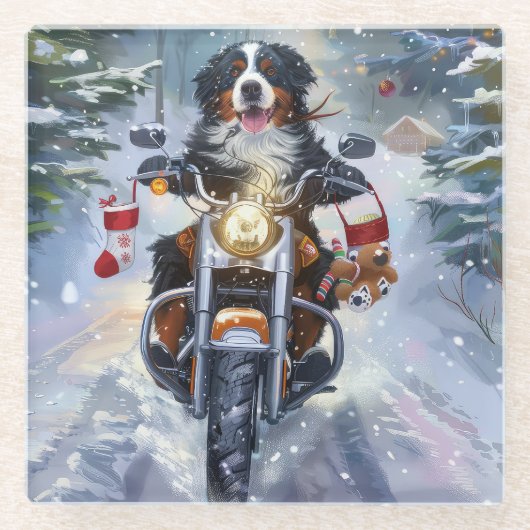 Berner Mountain Dog Riding Motorfiets Kerstmis Glazen Onderzetter (Voorkant)
