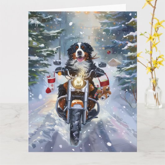 Berner Mountain Dog Riding Motorfiets Kerstmis Kaart (Gele Bloem)