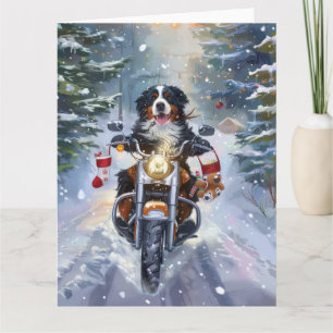 Berner Mountain Dog Riding Motorfiets Kerstmis Kaart
