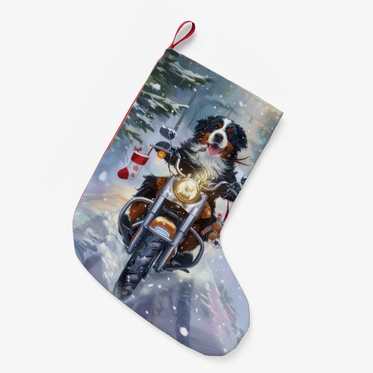 Berner Mountain Dog Riding Motorfiets Kerstmis Kleine Kerstsok (Voorkant (Hangend))