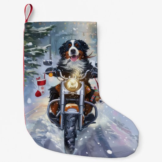 Berner Mountain Dog Riding Motorfiets Kerstmis Kleine Kerstsok (Voorkant)