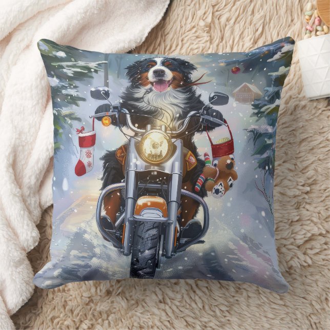 Berner Mountain Dog Riding Motorfiets Kerstmis Kussen (Deken)