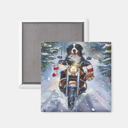 Berner Mountain Dog Riding Motorfiets Kerstmis Magneet (Voorkant / Achterkant)