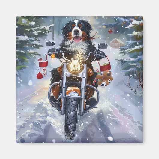 Berner Mountain Dog Riding Motorfiets Kerstmis Magneet (Voorkant)