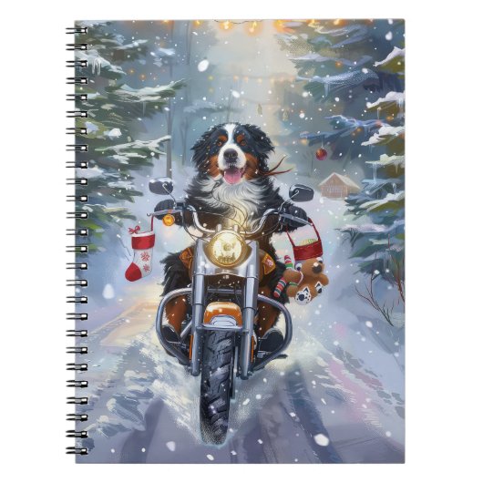 Berner Mountain Dog Riding Motorfiets Kerstmis Notitieboek (Voorkant)