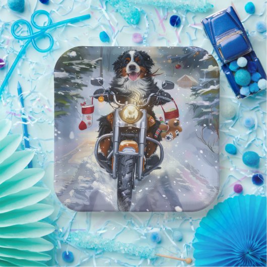 Berner Mountain Dog Riding Motorfiets Kerstmis Papieren Bordje (Feest)