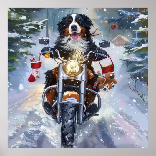 Berner Mountain Dog Riding Motorfiets Kerstmis Poster (Voorkant)