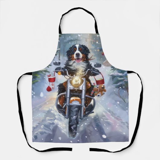 Berner Mountain Dog Riding Motorfiets Kerstmis Schort (Voorkant)