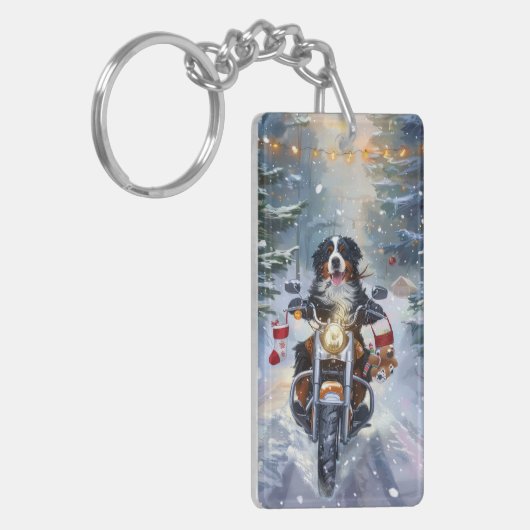 Berner Mountain Dog Riding Motorfiets Kerstmis Sleutelhanger (Voorkant Links)