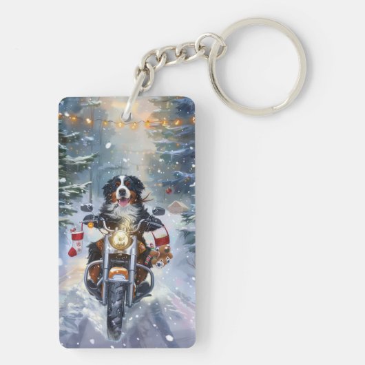 Berner Mountain Dog Riding Motorfiets Kerstmis Sleutelhanger (achterkant)
