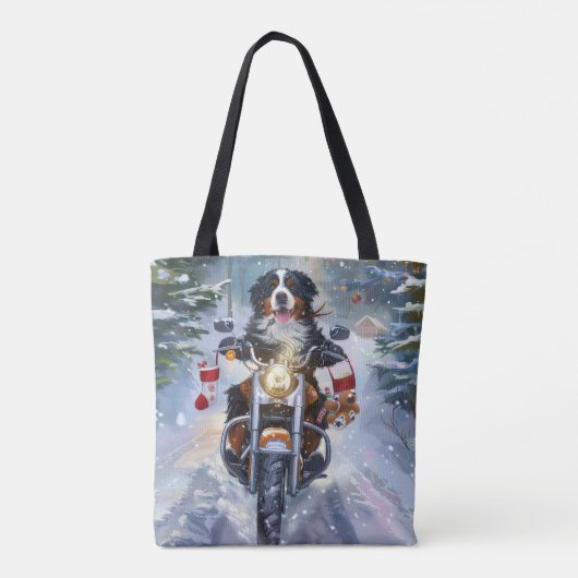 Berner Mountain Dog Riding Motorfiets Kerstmis Tote Bag (Achterkant)