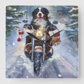 Berner Mountain Dog Riding Motorfiets Kerstmis Vierkante Klok (Voorkant)