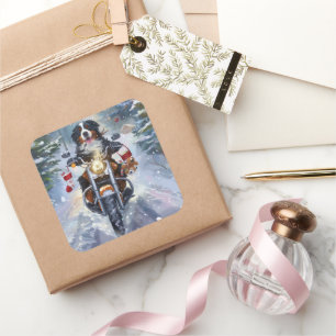 Berner Mountain Dog Riding Motorfiets Kerstmis Vierkante Sticker