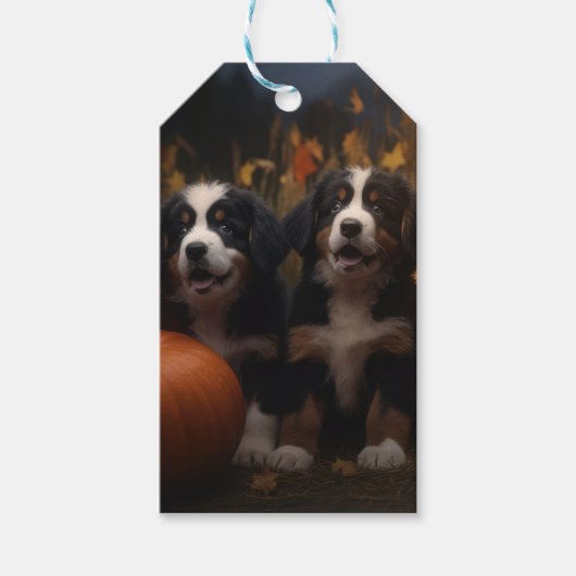 Berner Mountain Puppy Herfst Delight Pompoen Cadeaulabel (Voorkant)