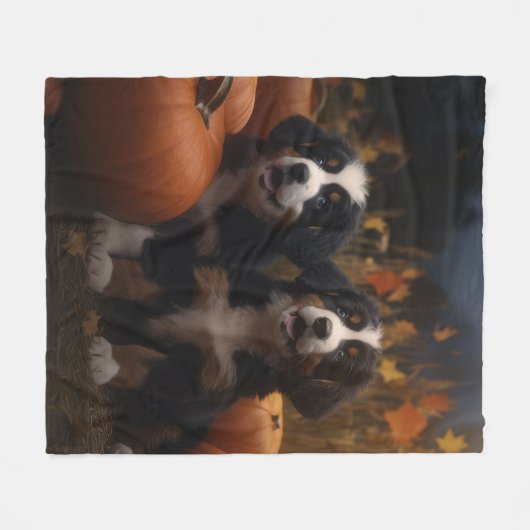 Berner Mountain Puppy Herfst Delight Pompoen Fleece Deken (Voorkant (Horizontaal))