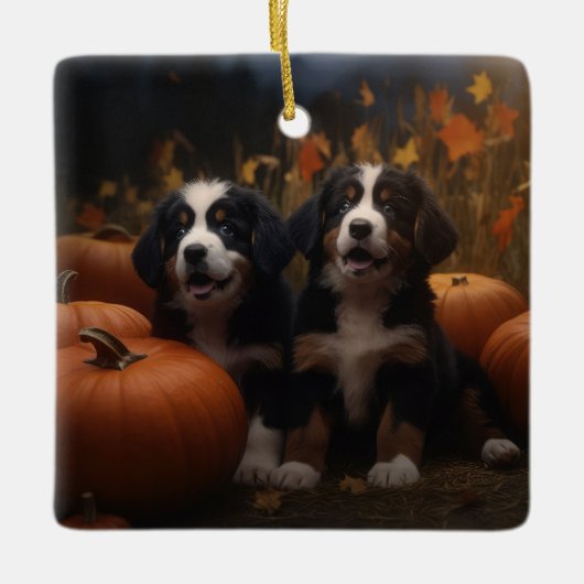 Berner Mountain Puppy Herfst Delight Pompoen Keramisch Ornament (Voorkant)