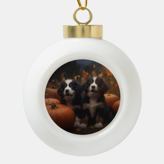 Berner Mountain Puppy Herfst Delight Pompoen Keramische Bal Ornament (Voorkant)