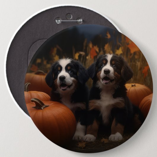 Berner Mountain Puppy Herfst Delight Pompoen Ronde Button 6,0 Cm (Voorkant /achterkant)
