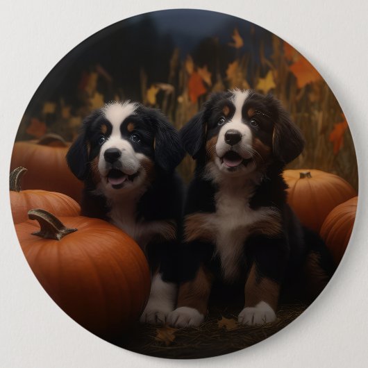 Berner Mountain Puppy Herfst Delight Pompoen Ronde Button 6,0 Cm (Voorkant)