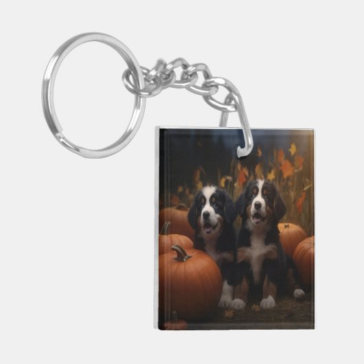 Berner Mountain Puppy Herfst Delight Pompoen Sleutelhanger (Voorkant Links)
