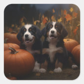 Berner Mountain Puppy Herfst Delight Pompoen Vierkante Sticker (Voorkant)