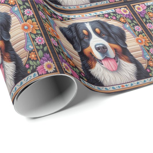 Berner Sennenhond Bloemrijke Kleurrijke Rand Cadeaupapier (Rol Hoek)