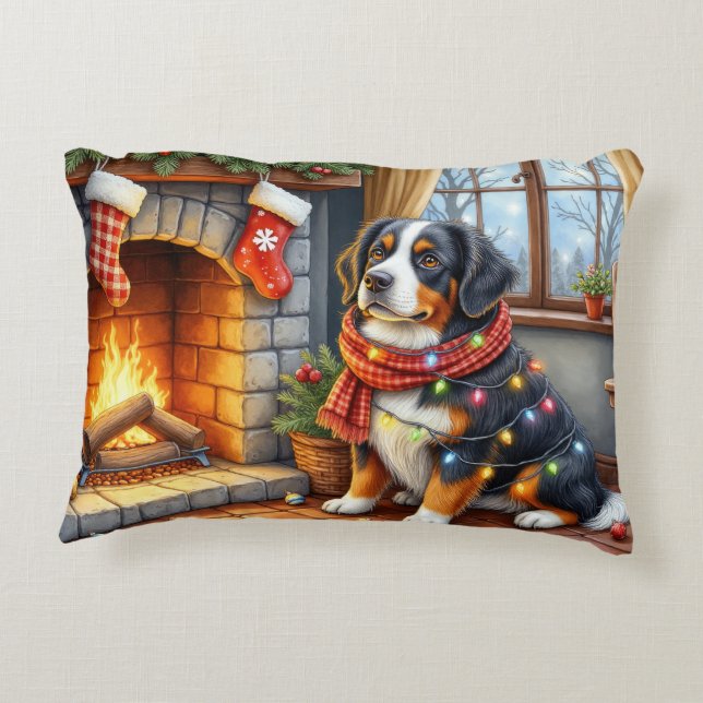 Berner Sennenhond Haard met Kerstverlichting Accent Kussen (Achterkant)