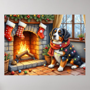 Berner Sennenhond Haard met Kerstverlichting Poster