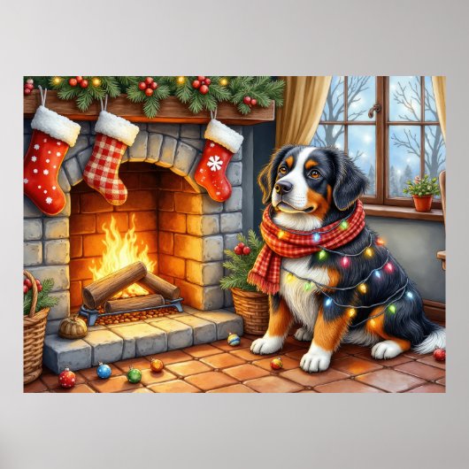 Berner Sennenhond Haard met Kerstverlichting Poster (Voorkant)