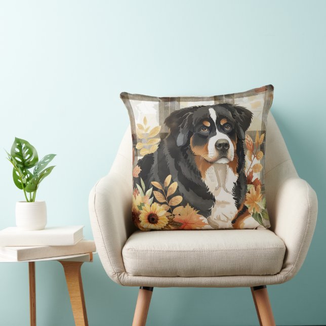 Berner Sennenhond Herfst Waterverf Bloemen Kussen (Stoel)
