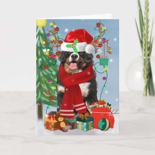 Berner Sennenhond in de sneeuw met kerstcadeaus  Kaart (Voorkant)