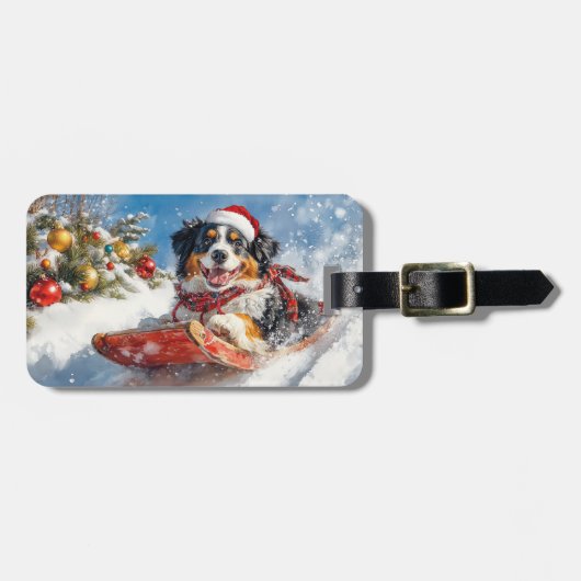 Berner Sennenhond in Sledge Kerstmis Bagagelabel (Voorkant horizontaal)