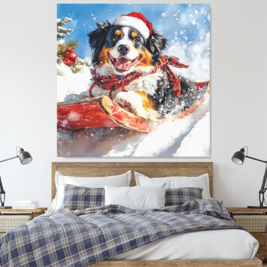 Berner Sennenhond in Sledge Kerstmis Canvas Afdruk (Insitu (Slaapkamer))