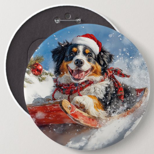 Berner Sennenhond in Sledge Kerstmis Ronde Button 6,0 Cm (Voorkant /achterkant)