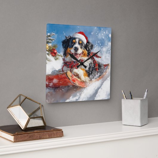 Berner Sennenhond in Sledge Kerstmis Vierkante Klok (Kantoor)