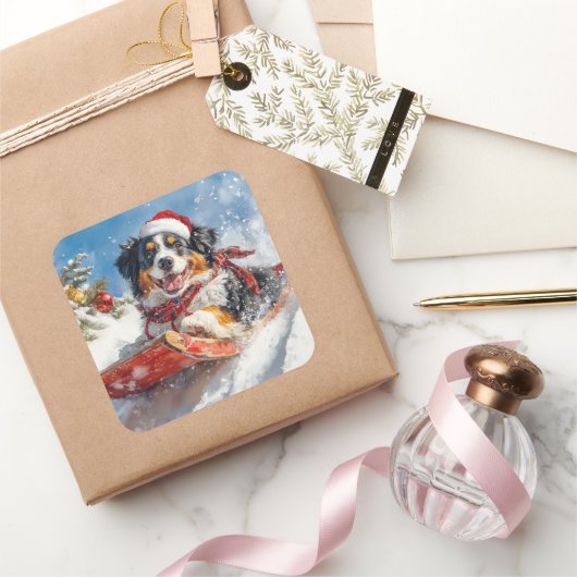 Berner Sennenhond in Sledge Kerstmis Vierkante Sticker (Geschenken)