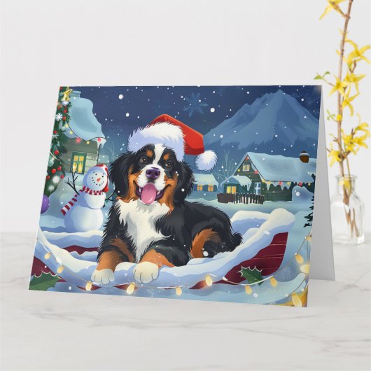 Berner Sennenhond in Sleigh Snow Kerstmis Kaart (Gele Bloem)