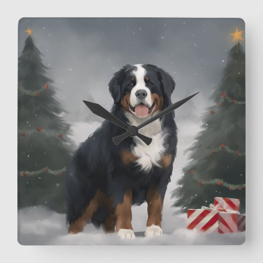 Berner Sennenhond in Sneeuw Kerstmis Vierkante Klok (Voorkant)