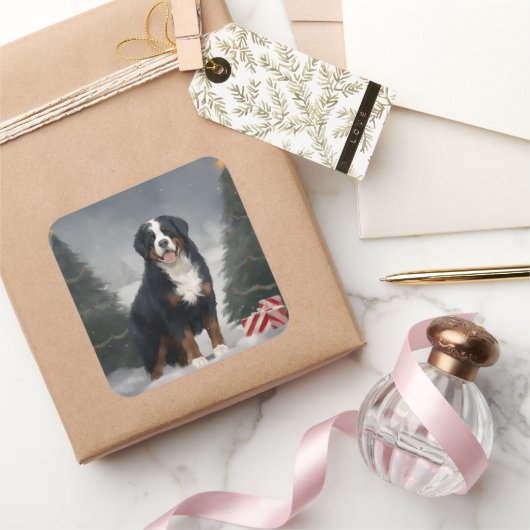 Berner Sennenhond in Sneeuw Kerstmis Vierkante Sticker (Geschenken)