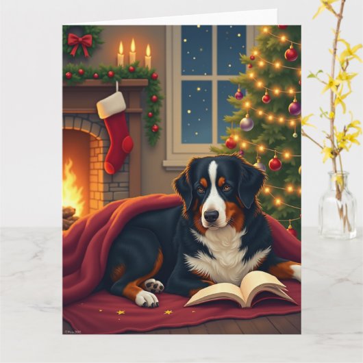 Berner Sennenhond Kerst Slaapverhaal Kaart (Gele Bloem)