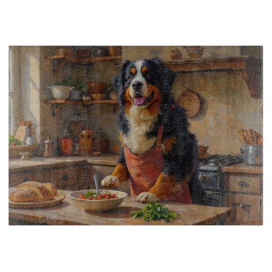 Berner Sennenhond Kookt in Keuken Snijplank (Voorkant)